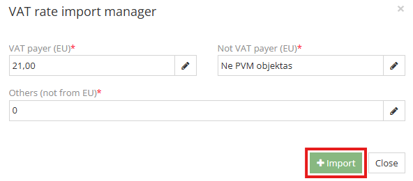 Filling in VAT import fields and importing